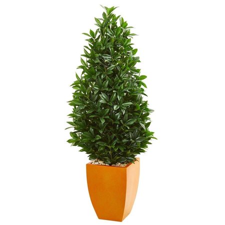 NEARLY NATURALS 57 in. Bay Leaf Artificial Topiary Tree in Orange Planter 9367
